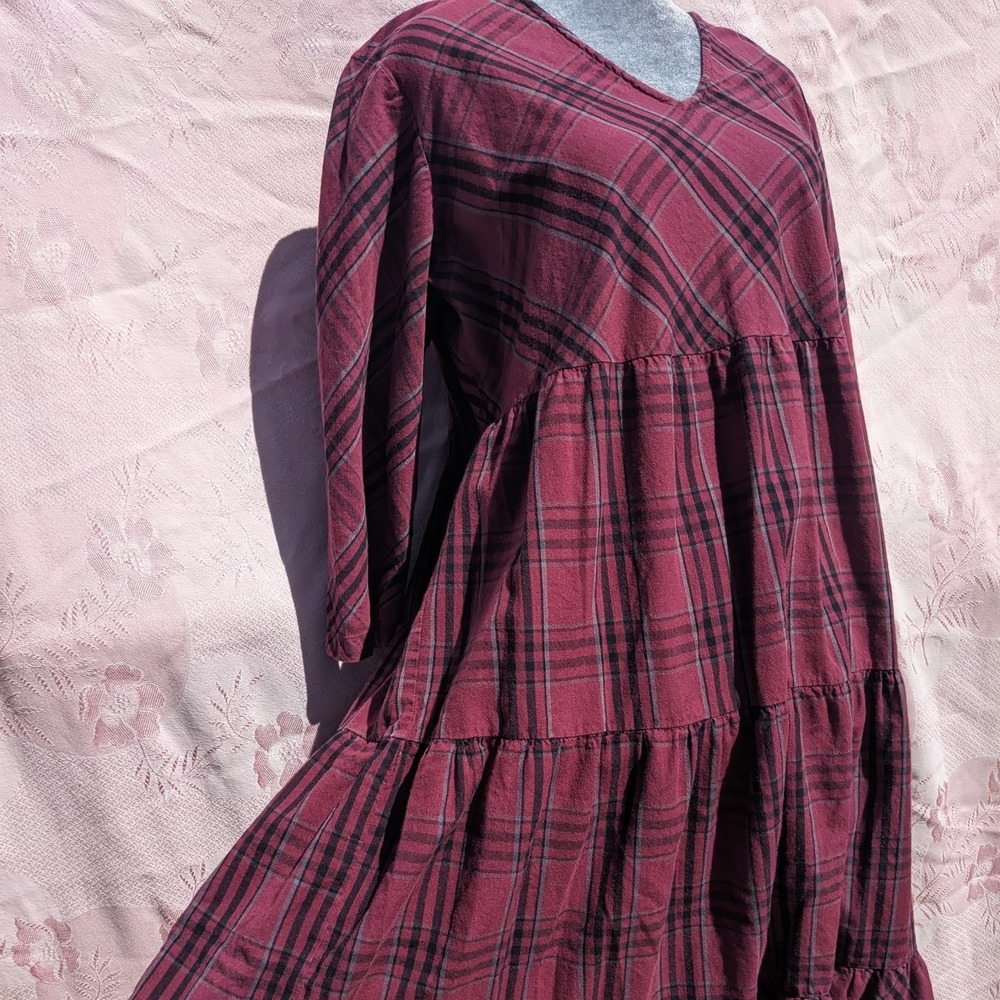 Vermont Country Store Dress M Plaid Tiered Cotton Midi Cottagecore Modest V Neck - Picture 2 of 16